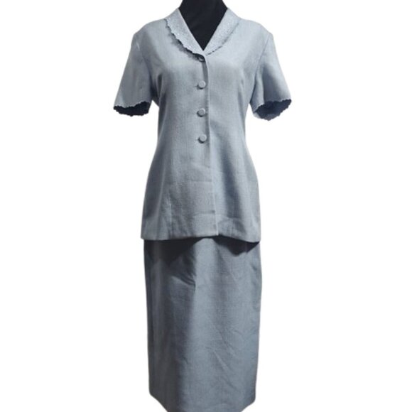 Kasper ASL Light Blue Button Short Sleeve Blouse and Pencil Skirt Women's 8 - Picture 1 of 12